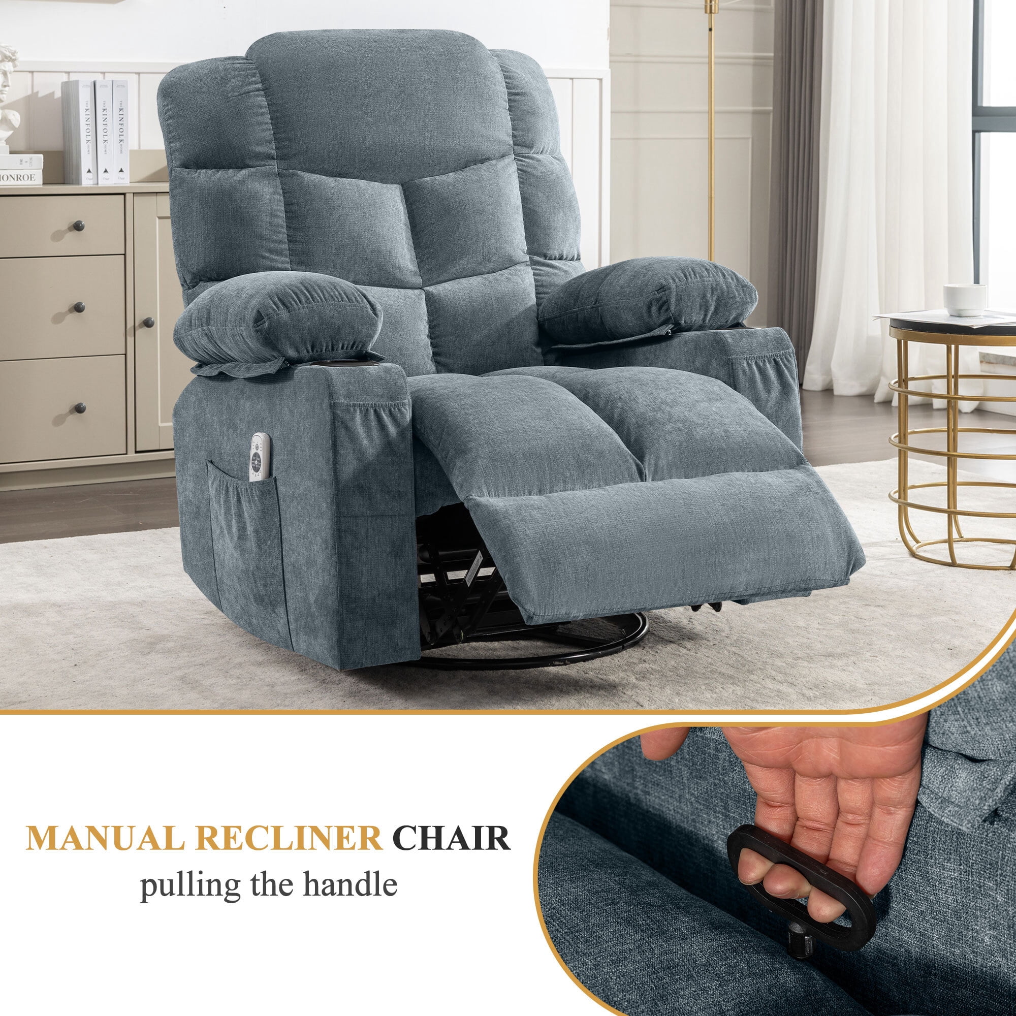 Alvantor Oversized Swivel Recliner Chair with Massage & Heat Function for Adults, Single Rocker Sofa with Cup Holders for Bedroom Home Theater Blue