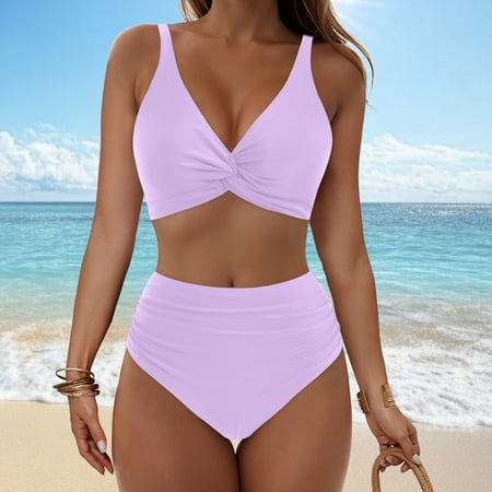 Sevevn Fashion Women s Sleeveless Solid Bikini Swimsuit Push-Up Padded Swimwear Swimsuit Blouse Sets Purple XL Holiday Gift Finder