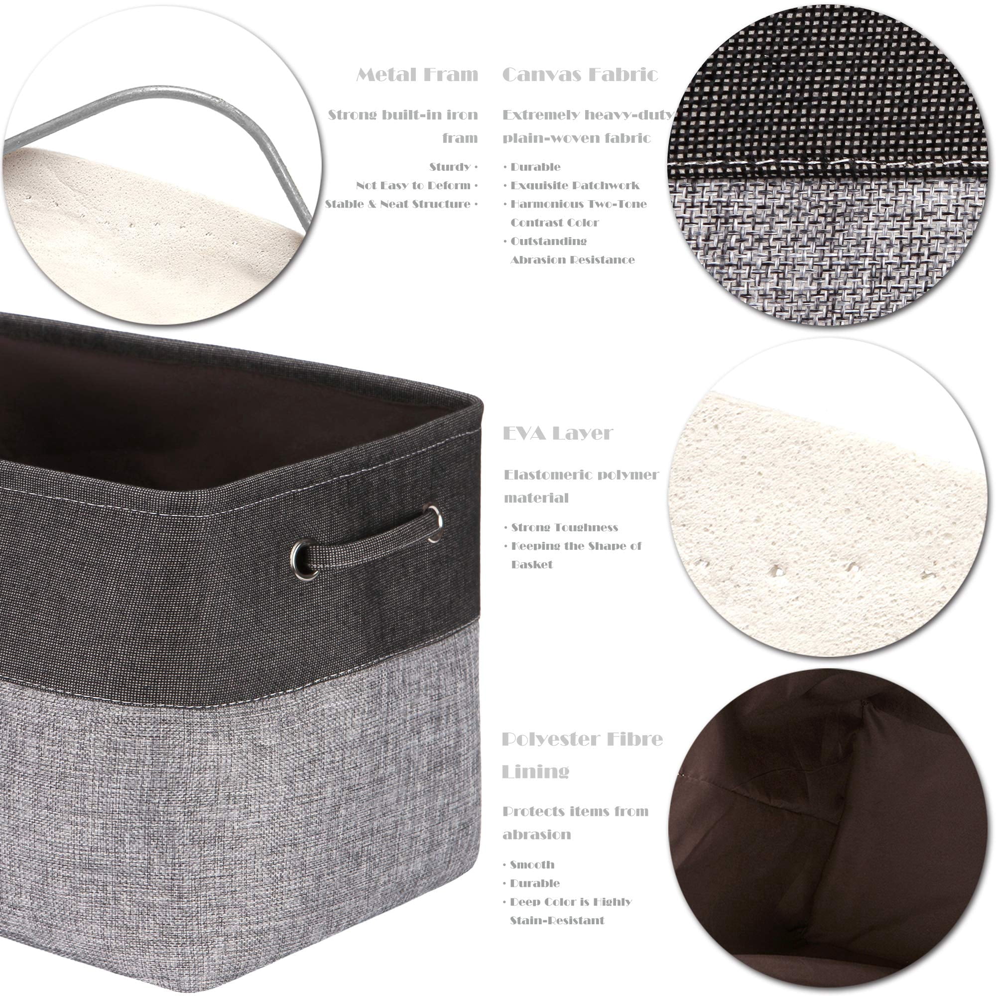 Sea Team 3-Pack Large Storage Basket Set, Trunk Organizer, Clothes Toys Bin, 15 x 10 x 10 Inches, Big Rectangular Canvas Fabric Collapsible Shelf Box with Handles, Grey & Black