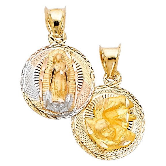 14k Tri-Color Gold Virgin Mary Pendant Medallion Baptism Double Sided Charm Jewelry Female Unisex