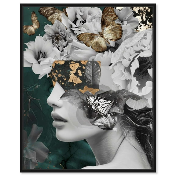 Hidden Golden Butterflies In Emerald Gold Fashion Glam Canvas Wall Art by Art Remedy, Black Floater Frame, 16"x20"