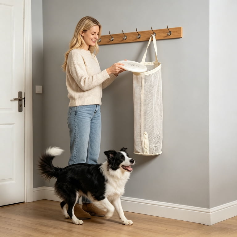 Wall Mounted Pet Toy Organizer, Mesh Storage Bag for Cat and Dog Toys, Space Saving Hanging Holder with Bottom Access, for Wand Toys and Small Plush (Toys Not Included), B