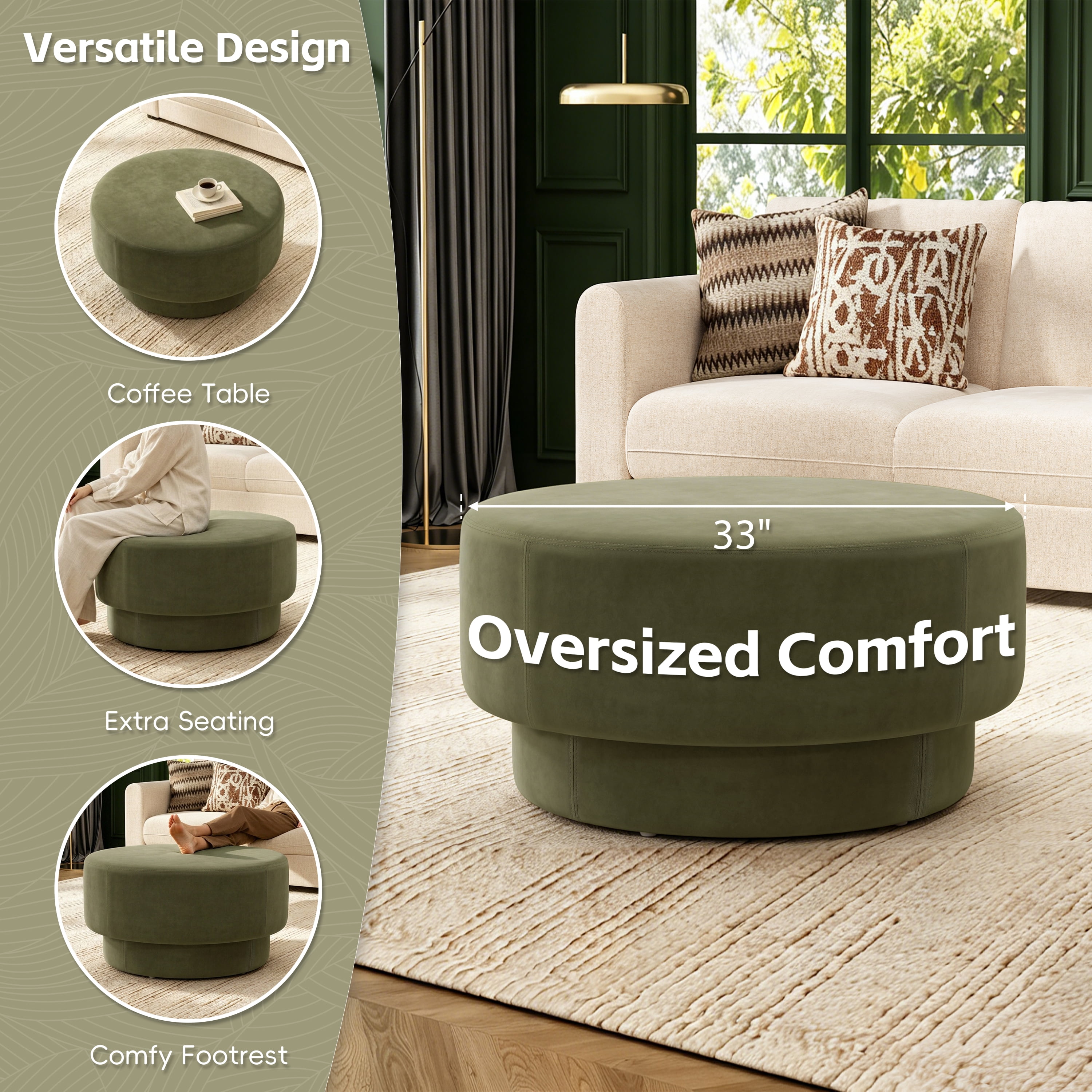 GARITIN Round Ottoman 33 Inch, Modern Double Deck Upholstered Footrest with Velvet Cover for Living Room, Green
