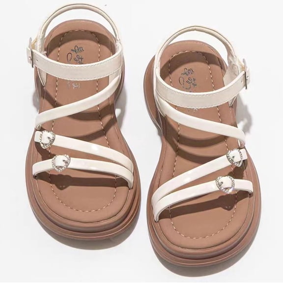Spazoro Girls' Strappy Platform Sandals, Open Toe Cute Decor Non-Slip Thick Sole Adjustable Buckle Casual Summer Shoes for Kids Beige