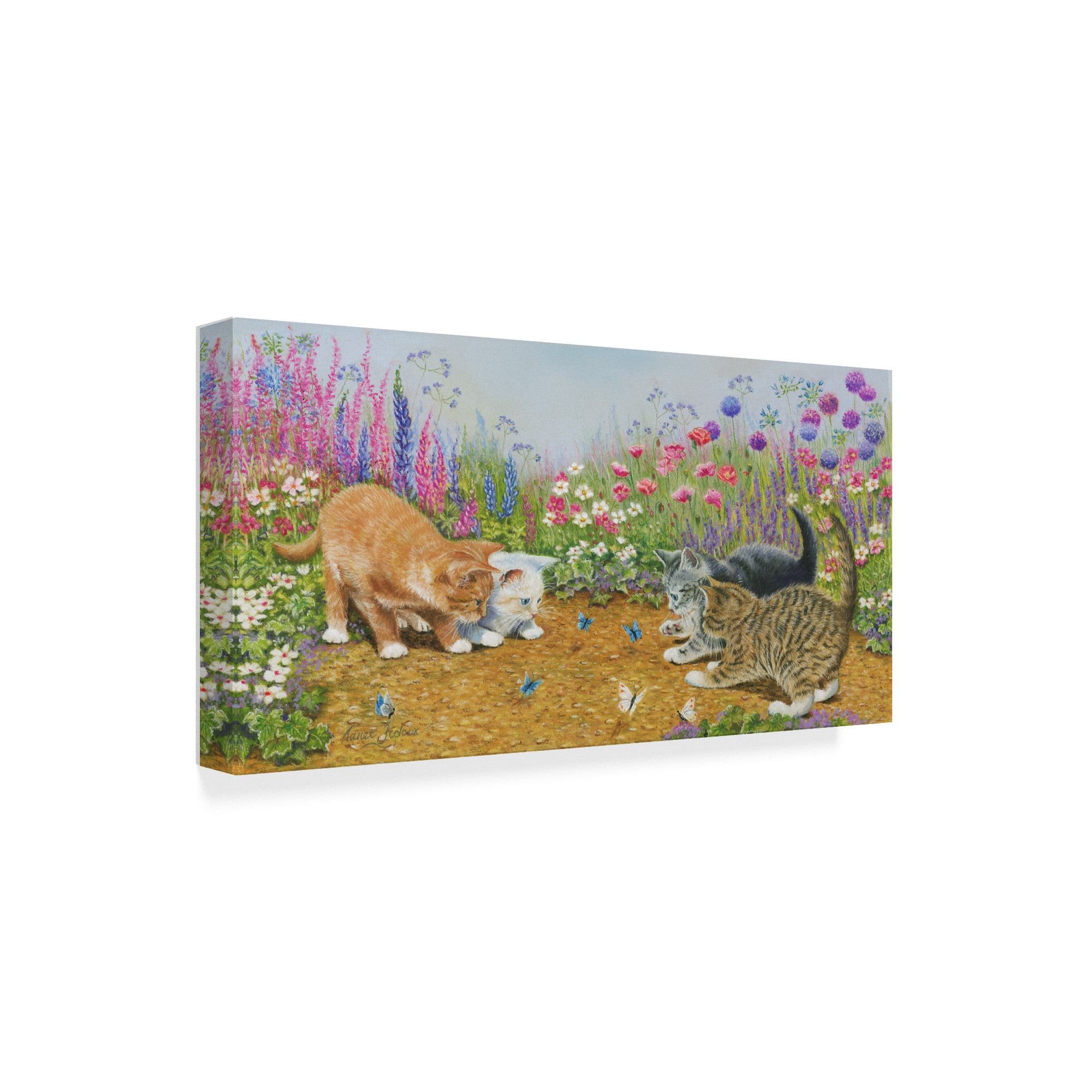 Trademark Fine Art 'Kittens And Butterflies Garden' Canvas Art by Janet Pidoux