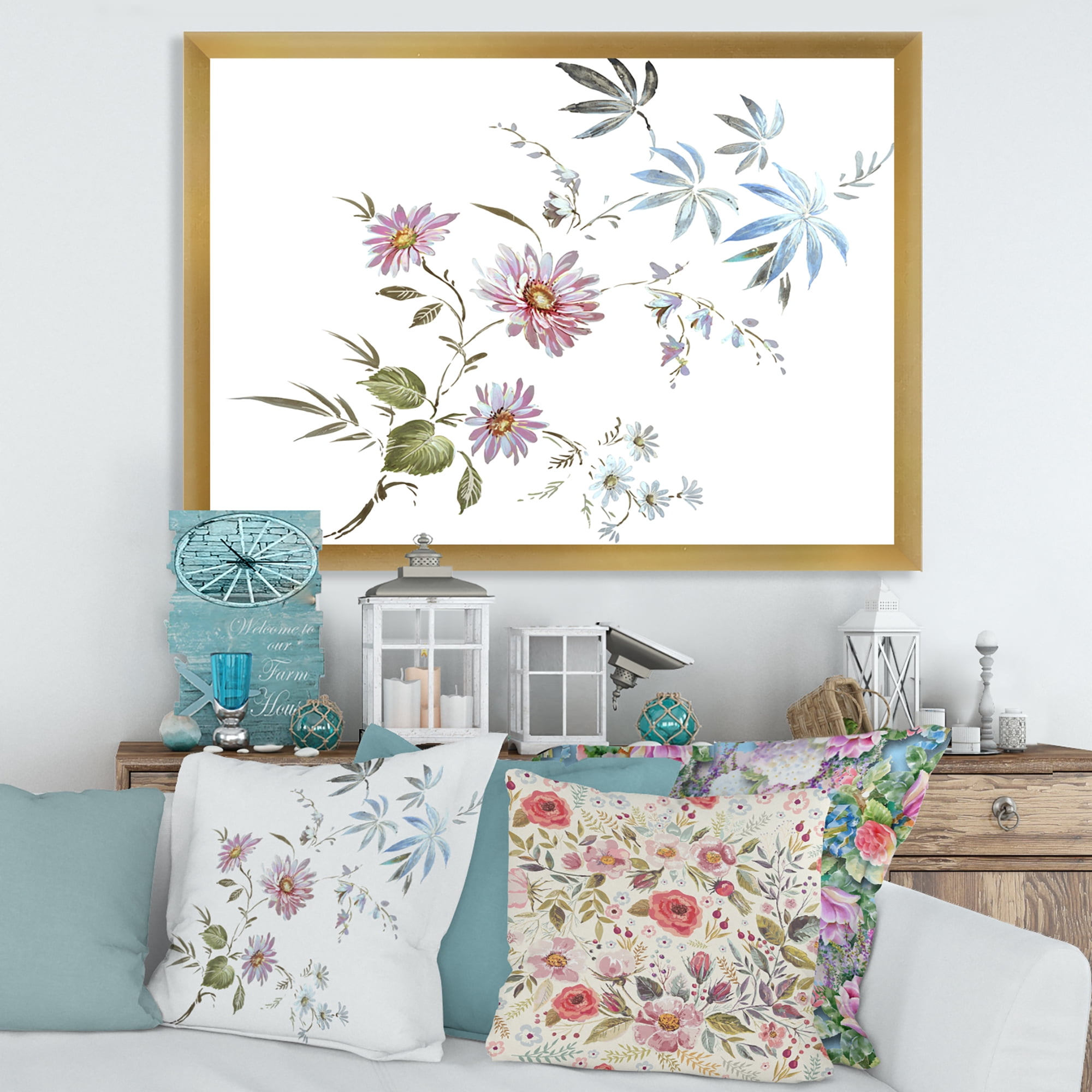 Designart 'Pink and Blue Wildflowers I' Traditional Framed Art Print
