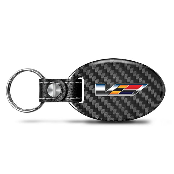 iPick Image for Cadillac V Logo Black Real Carbon Fiber Oval Shape with Black Leather Strap Key Chain, Official Licensed