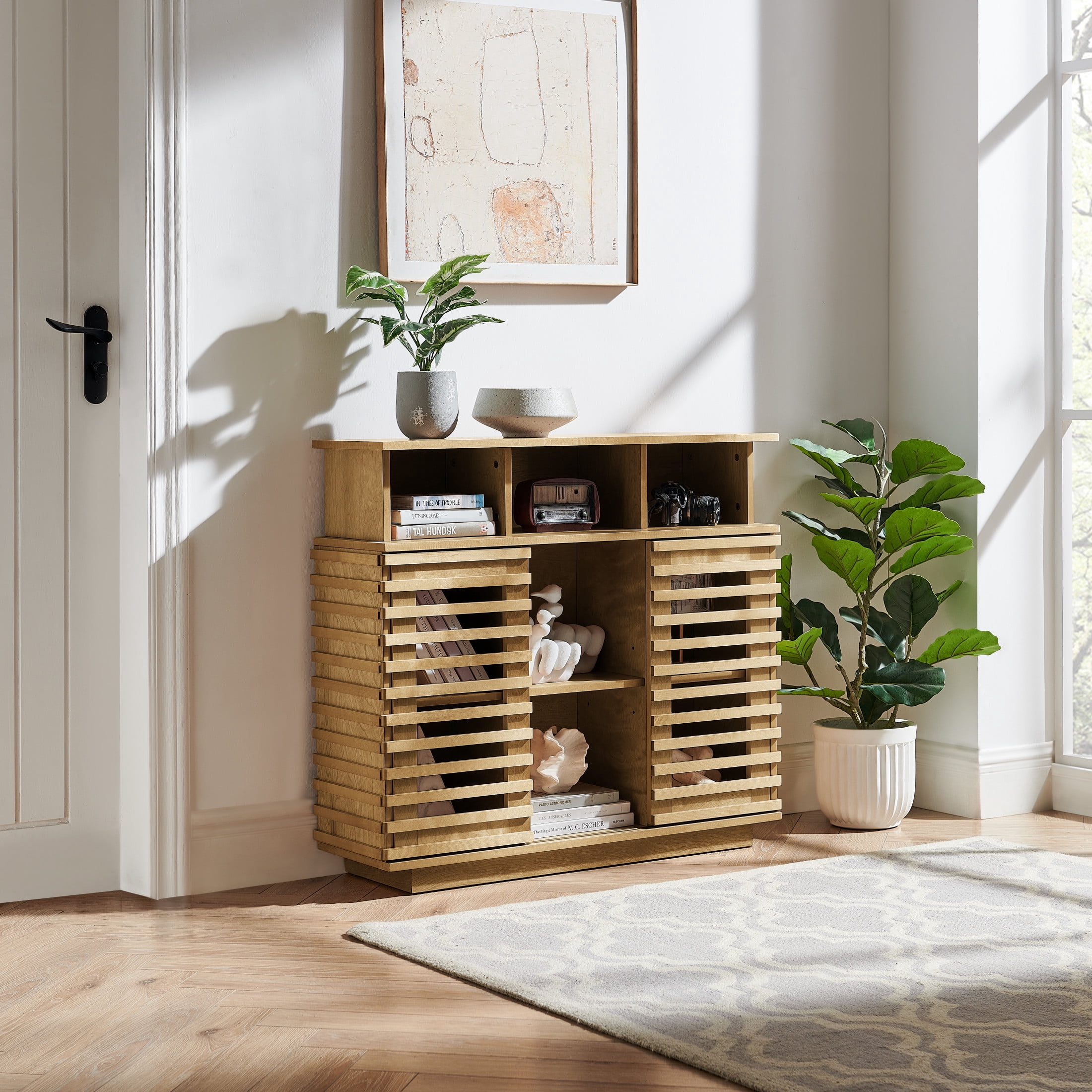 GDF Studio 36.1" Farmhouse Sideboard Buffet Cabinet with Sliding Doors, Adjustable Shelf, Natural