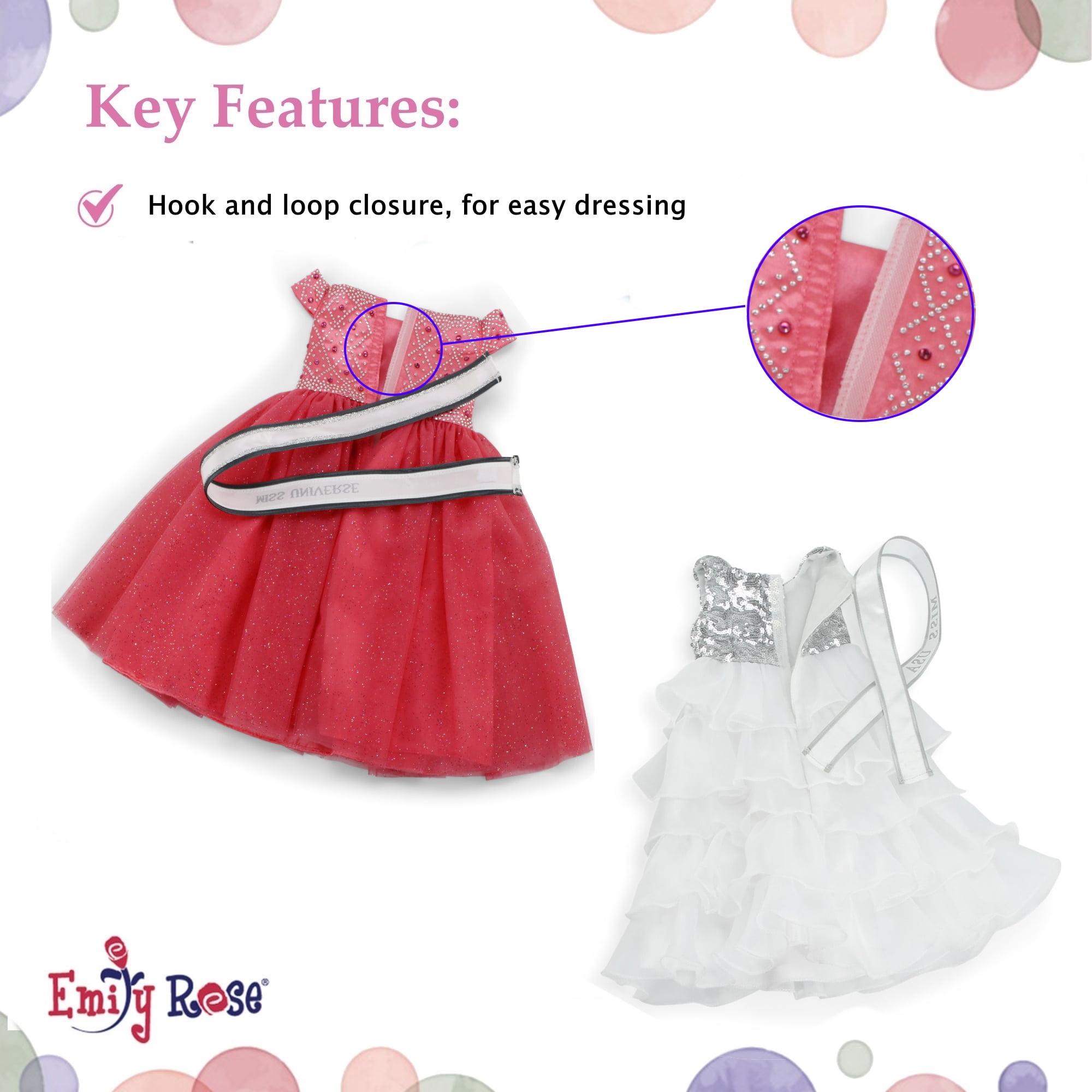 Emily Rose 18-inch Doll Stunning White Pageant Gown Dress & Sash/Crown Outfit Bundled with Our Lovely Salmon Colored Dress & Accessories 18" Doll Clothes Set | Compatible with American Girl Dolls