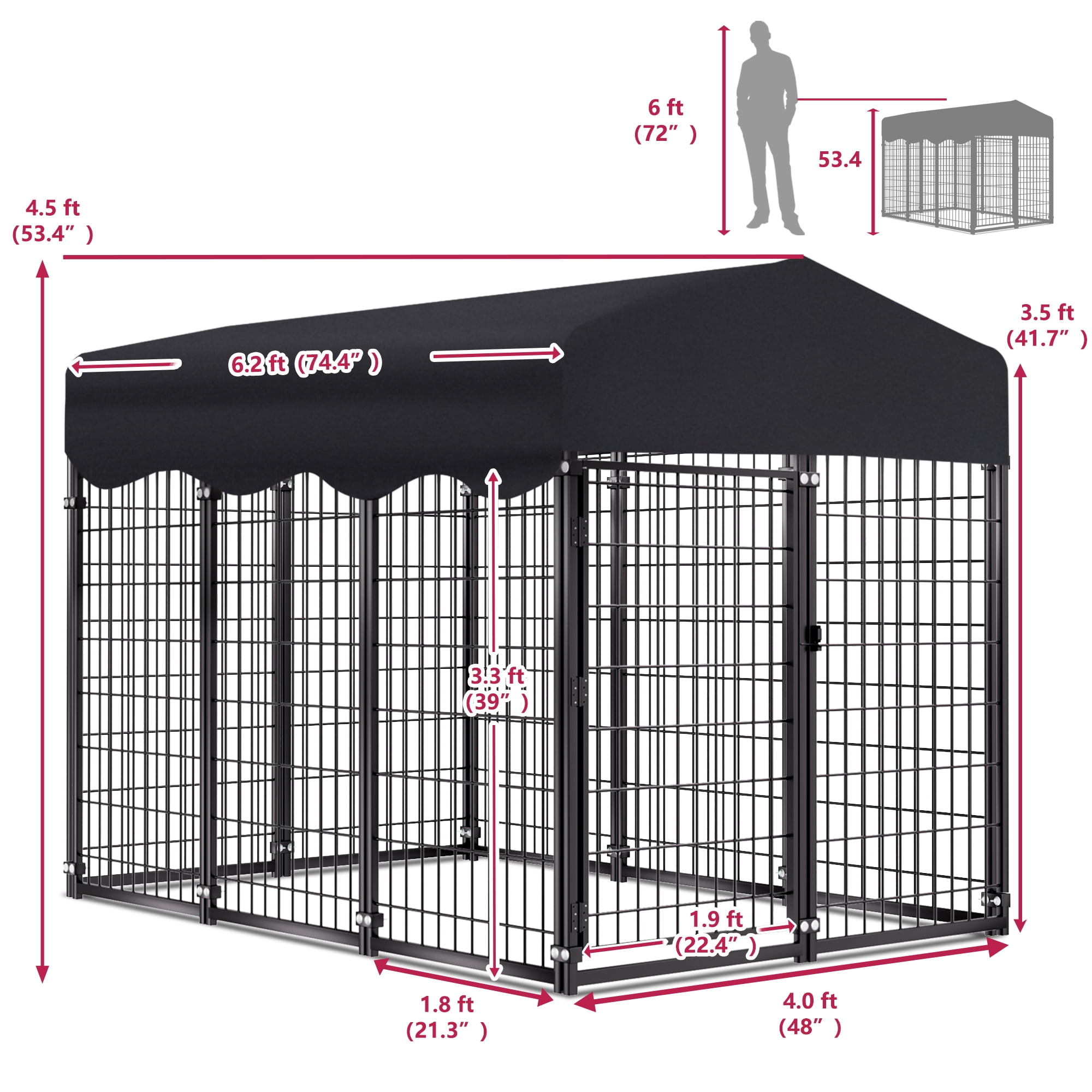 Jhsomdr Large Outdoor Dog Kennel, 6.2ft x 4ft x 4.5ft Dog Fence with UV-Resistant Roof, Outside Dog Run Dog Playpen for Small/Medium Dogs