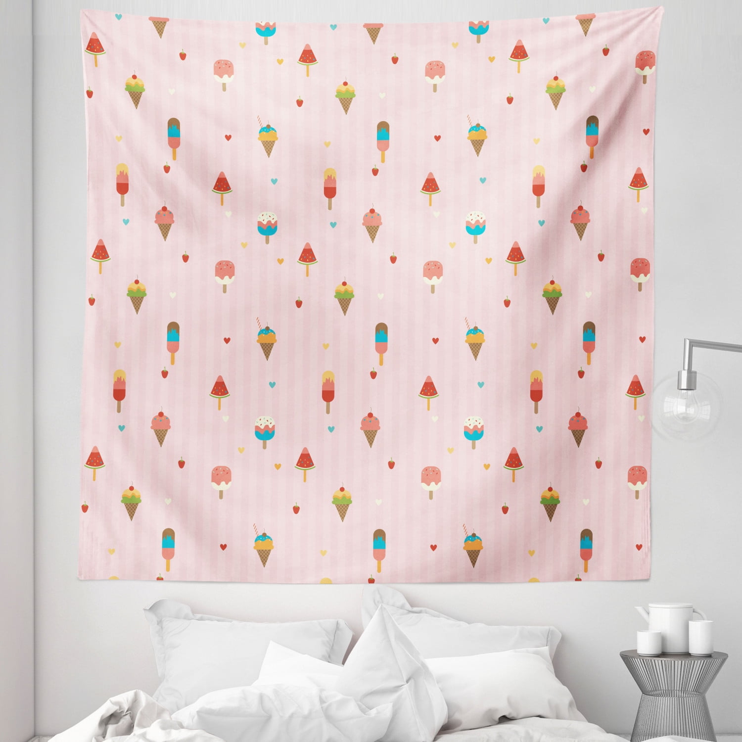 Ice Cream Tapestry, Pastel Pink Striped Backdrop with Hearts Different