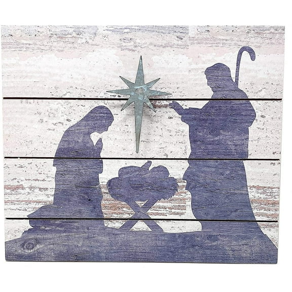 Nativity Christmas Holly Family Wall Rustic Modern Wooden Decor W Silver Metal Star 10" x 8.5"