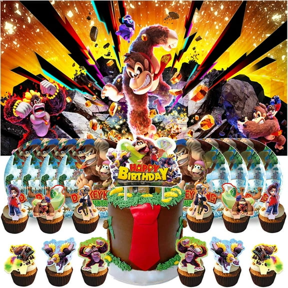 Donkey Kong Bananza Birthday Supplies Plates Decorations Decor Backdrop Banner Cake Topper Fans