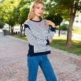 thumbnail image 3 of Women's Striped Crew Neck Sweatshirt with Contrast Sleeves - Large, Navy, 3 of 7