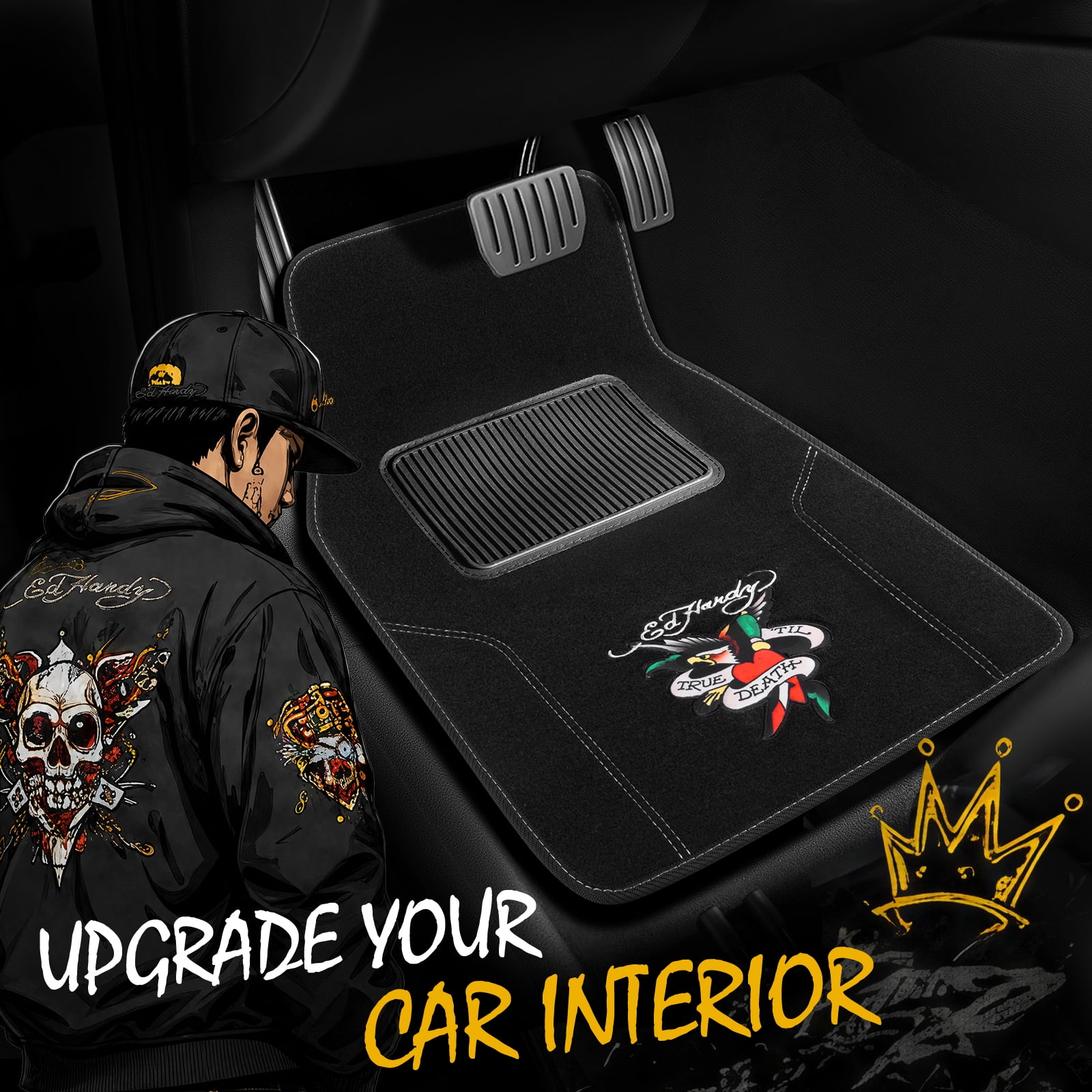 Ed Hardy Car Floor Mats, Fashion Print Carpet Floor Mats Set with Dagger Heart & Eagle Graphic, Faux Leather Floor Mats, Front and Rear Interior Protection for Cars, Trucks and SUVs