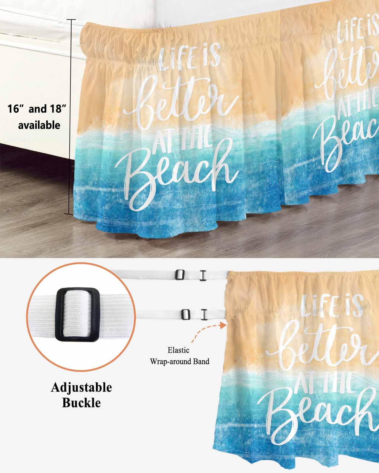 Blue Coastal Wrap Around Bed Skirts for Queen Bed 16" Drop, Bed Skirt with Adjustable Elastic Belt Dust Ruffle Bed Valance for Bedroom Hotel Luxury Life Is Better At The Beach Beach Bed Frame Cover