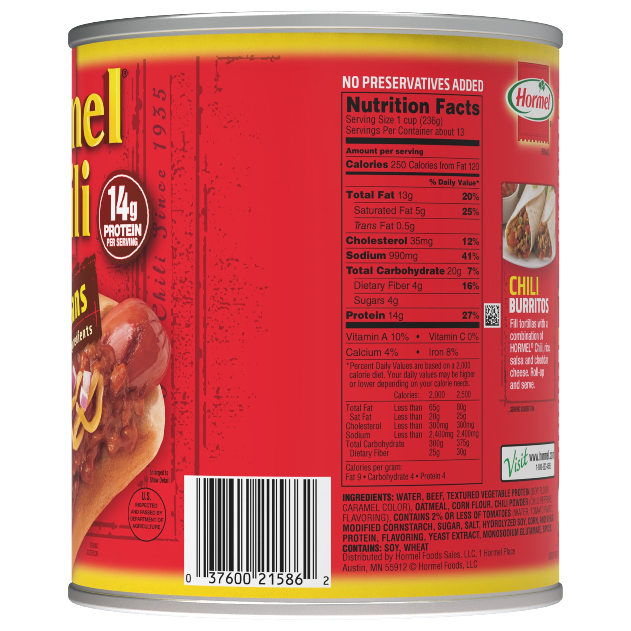 (2 pack) HORMEL Chili, No Beans, Shelf-Stable, Large 108 oz Steel Can