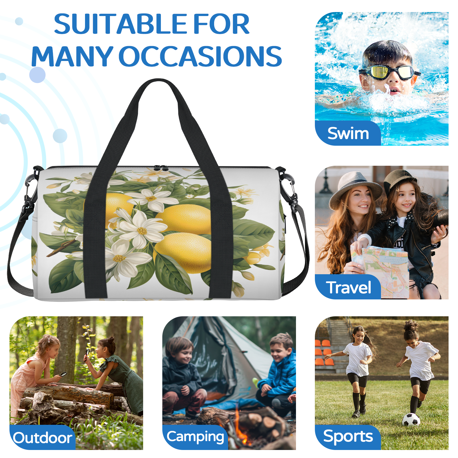 Herdesigns Lemon Flower Gym Bag for Women, Duffle Bag for Travel Sport, Lightweight Waterproof Carry on Weekender Overnight Dance Yoga Workout Bags