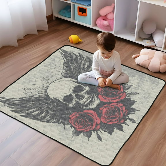 WOBOGO Skull Wings Rose Grunge Style Baby Playmats Extra Large Waterproof Rollable Activity Pads for Toddlers 50×50inch