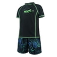 thumbnail image 5 of Rggeeun Child Boys Swimsuit Set 2Pc Letter Print Short Sleeve Crew Neck Top & Elastic Waist Tie-Dye Floral Pattern Loose Fit Knee Length Trunks for Summer Beach Wear Cozy Swimwear,Black,11-12 Years, 5 of 9