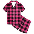 thumbnail image 6 of Odeerbi 2-12 Years Kids Boys Girls Summer Satin Pajamas Notched Lapel Short Sleeve Shirts Shorts Set Soft Loungewear Retro Plaid Print Sleepwear Kids Boys Girls Clothes, 6 of 6