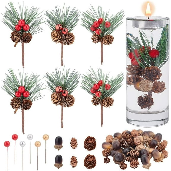 106Pcs 8Style Artificial Pine Cone Picks Assorted Red Berry Pine Picks Spray Pine Picks Christmas Decorations for Christmas Party and Holiday Wreath Ornaments Colorful DIY