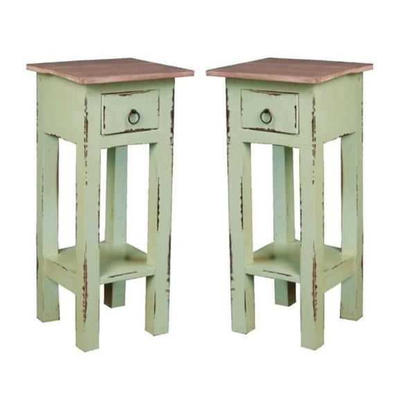 Home Square Narrow Wood Side Table in Bahama Green and Limewash Top - Set of 2
