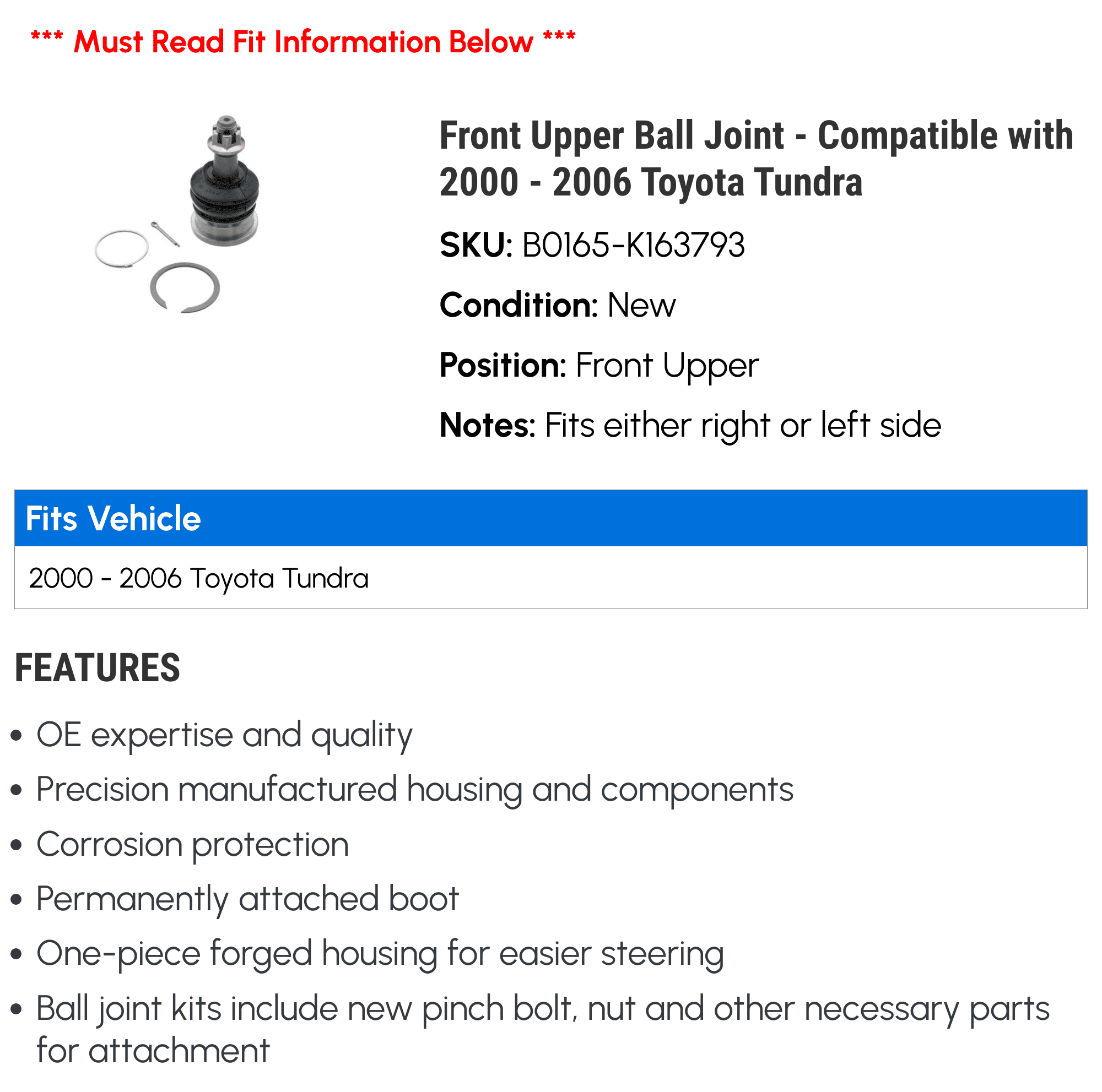 Front Upper Ball Joint - Compatible with 2000 - 2006 Toyota Tundra 2001 2002 2003 2004 2005