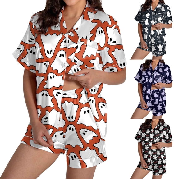 siminsem Womens Cute Satin Pajama Set Graphic Printed Short Sleeve Button Down Sleep Shirt with Soft Elastic Waist Shorts Loungewear Two Piece Pjs for Night Sleep, Orange,L