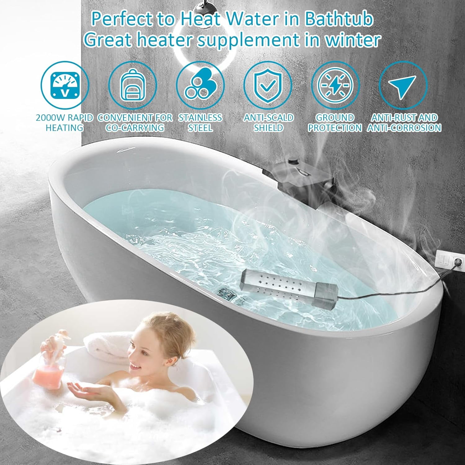 Immersion Water Heater, 2000W Pool Heater with 304 SS Guard, Bathtub, Quickly Heats 5 Gallons of Water, Small Portable,Rapid Heating in Minutes Black