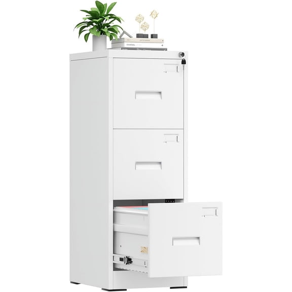 3 Drawer File Cabinet, White Metal Filing Cabinet with Lock, Locking Tall File Cabinets with 4 Adjustable Hanging Frame for Home Office, Name Tag