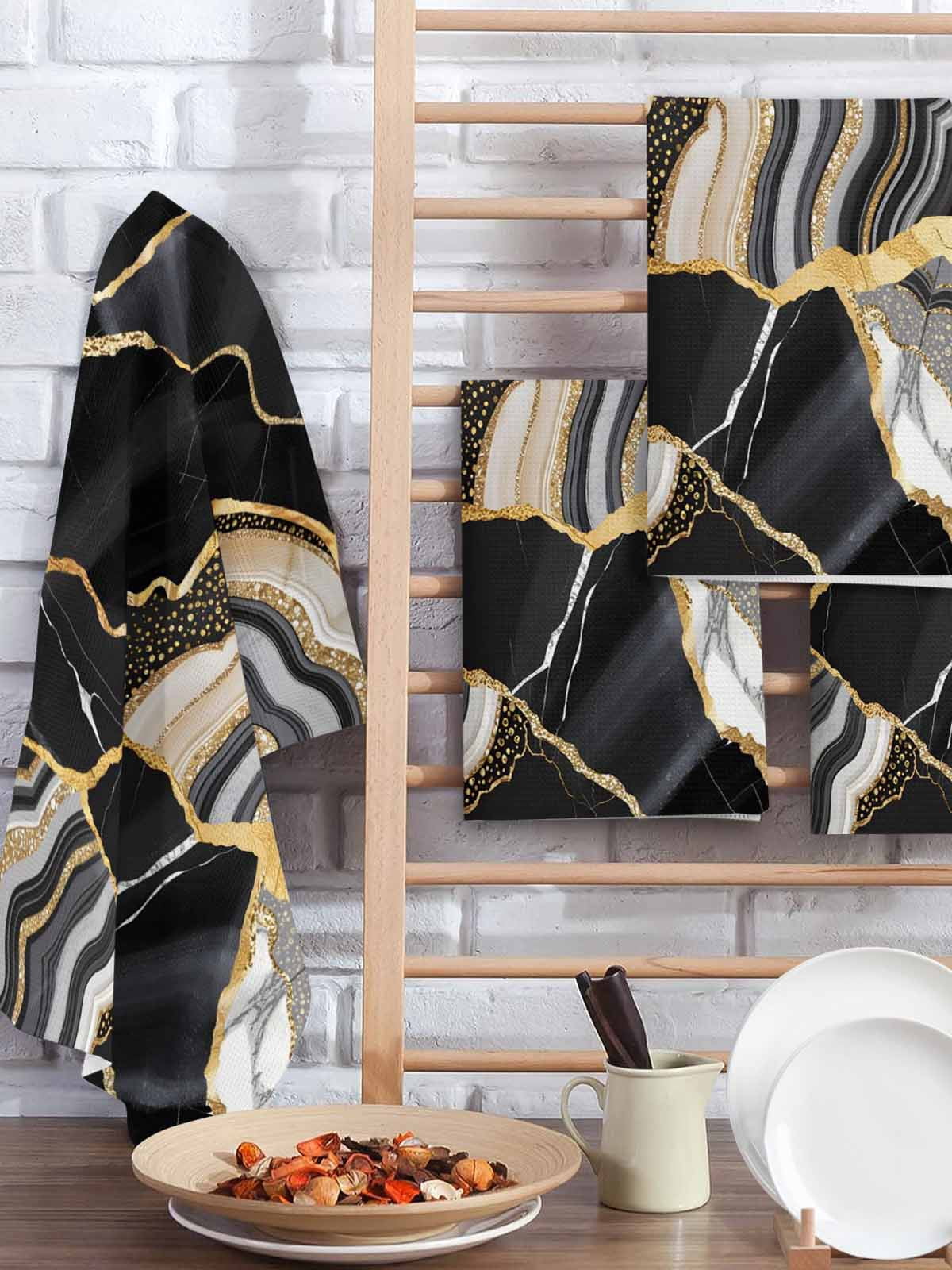 Black Marble Kitchen Dish Towels for Drying Dishes Set of 4, Grey Gold Texture Vintage Farmhouse Art Waffle Weave Microfiber Hand Tea Bathroom Towels Quick Dry & Absorbent Towel 15.7x23.6