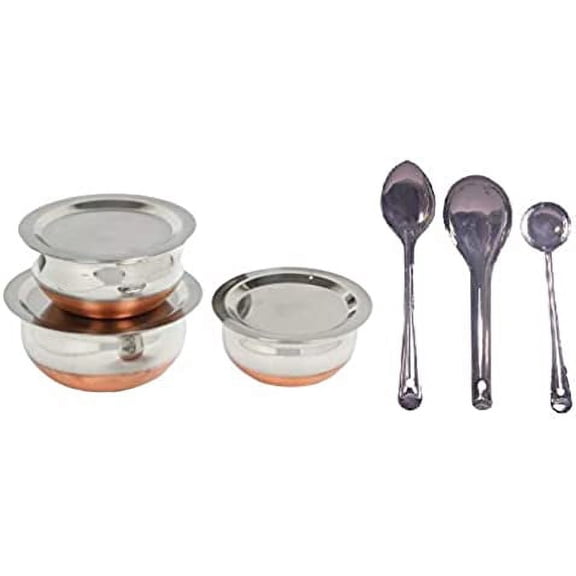 iKonbi Set of 3 Copper Bottom Serving Bowls with lids with 3 Serving Spoons