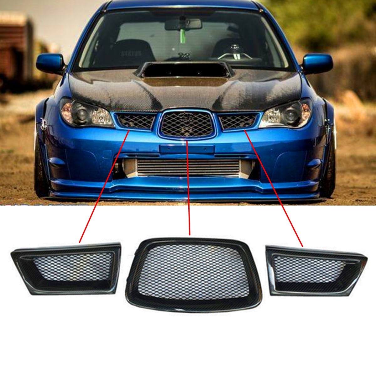 3 Pcs Carbon Fiber Front Mesh Grill Grille For Subaru Impreza WRX STi