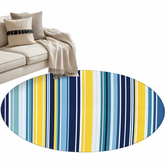 Blue Stripe Round Area Rug 3 FT, Small Kitchen Bathroom Mat, Yellow Colorful Striped Modern Abstract Washable Indoor Outdoor Throw Runner Carpet Non-Shedding Doormat for Table Shower Sofa Entryway