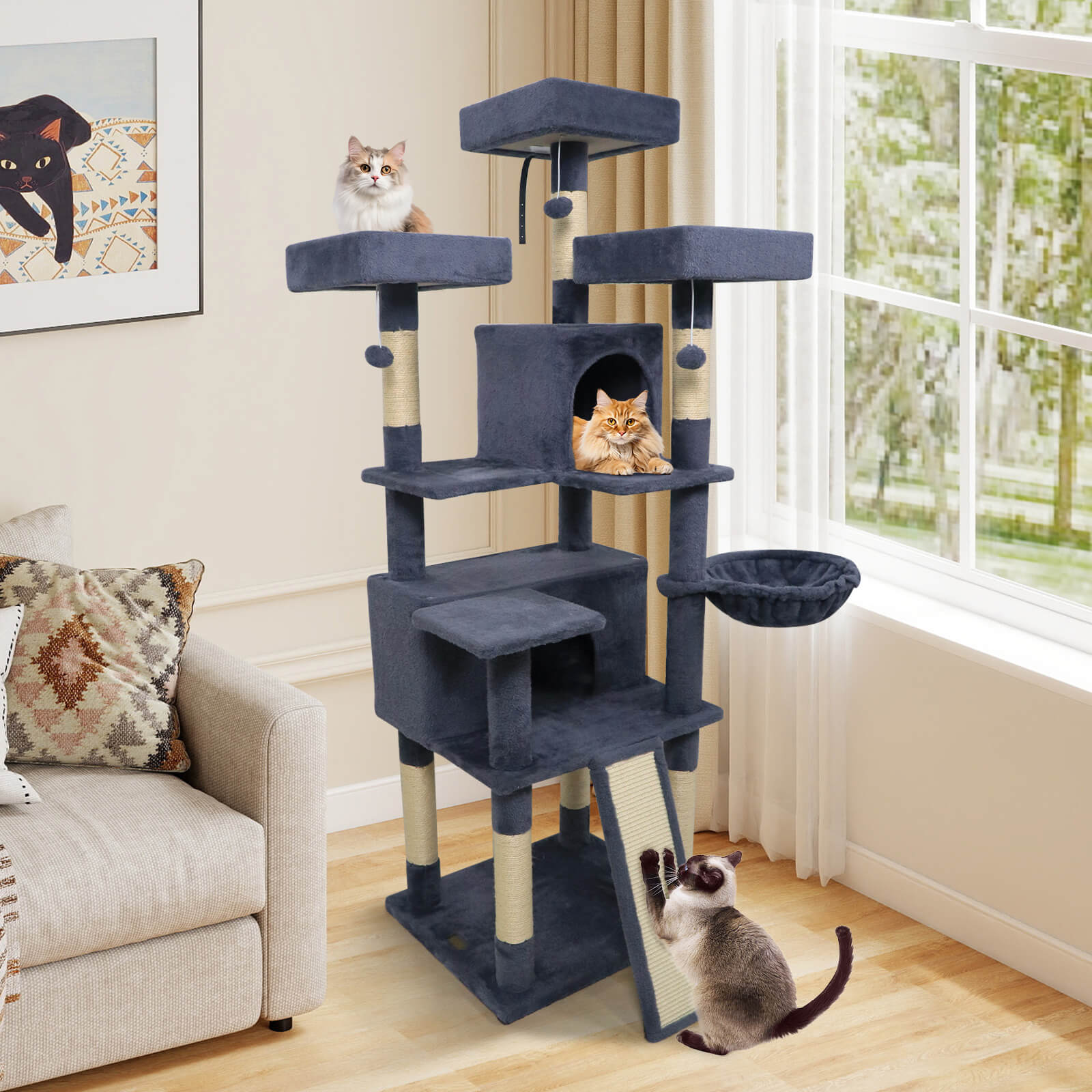 Costway 65” Tall Multi-level Cat Tree with 3 Upholstered Top Perch 2 Cat Condos Cat Basket Dark Gray
