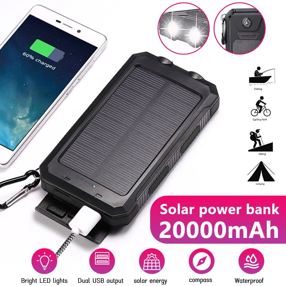 DFITO 10000mAh Solar Power Bank for Cell Phone iPhone, Portable Solar Charger with Dual 5V USB Ports, 2 Led Light Flashlight, Compass Battery Pack for Outdoor Camping Hiking ,Black