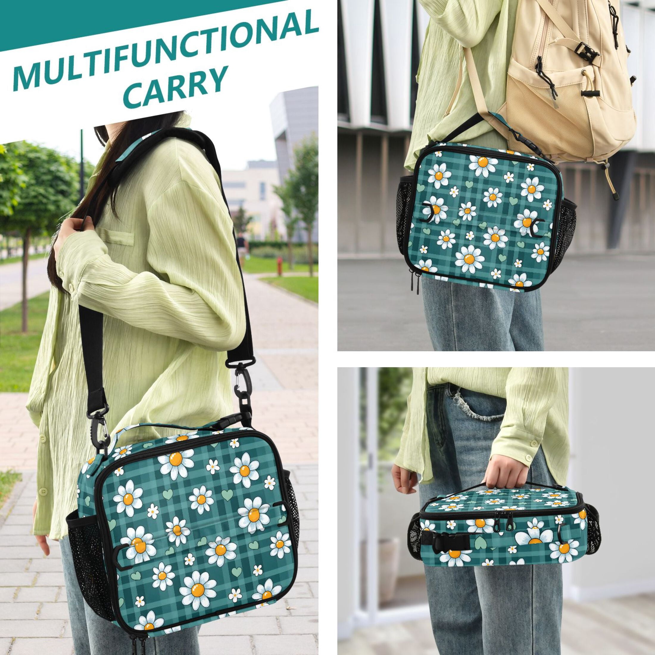 ALAZA Cute Daisy Flower Lunch Box Insulated Lunch Bag Cooler Tote with Shoulder Strap