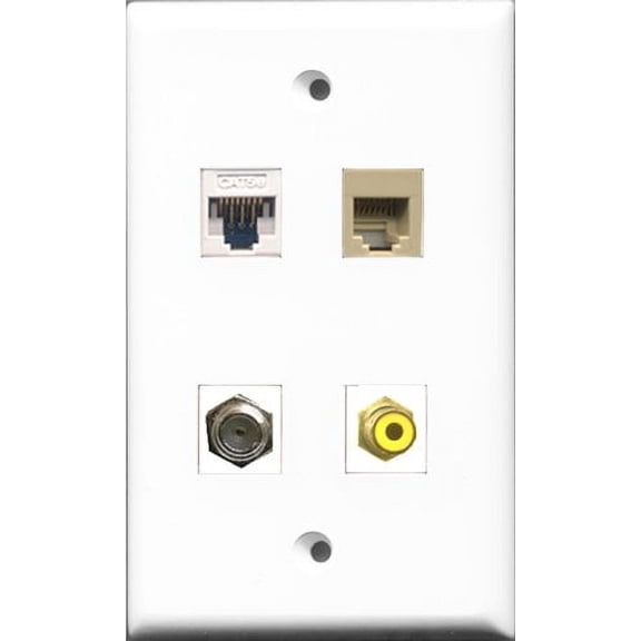 RiteAV 1 Port RCA Yellow and 1 Port Coax Cable TV- F-Type and 1 Port Phone RJ11 RJ12 Beige and 1 Port Cat5e Ethernet White Wall Plate
