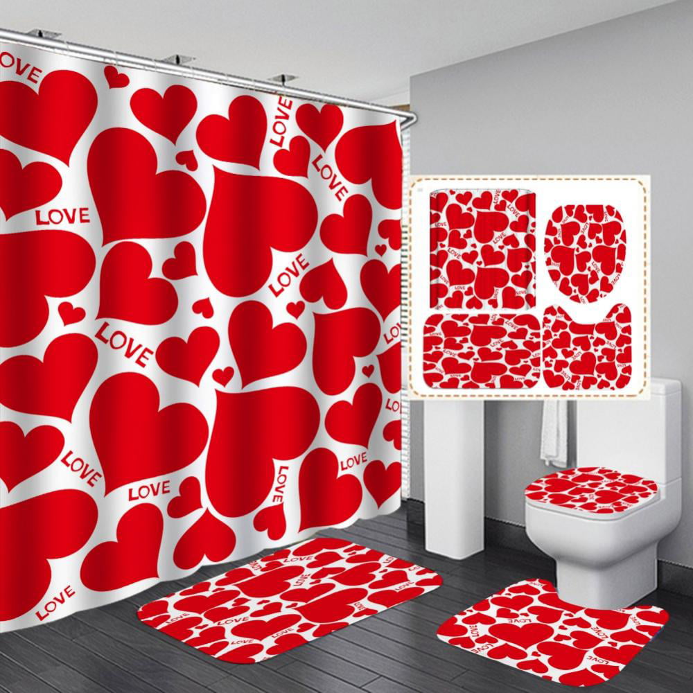 Valentine's Day Shower Curtain Romantic Heart Shaped Balloon Bathroom Rug Mat 
