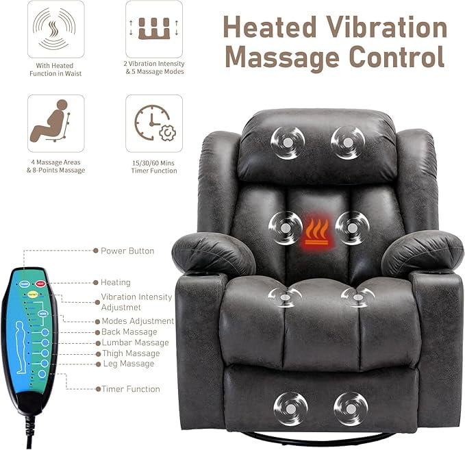 EPICOZY  360° Swivel Rocker Recliner Chair with Heat and Massage, Manual Glider Rocking Reclining Chair, Swivel Overstuffed Lounge Reclining Chair with 2 Cup Holders, Side Pockets & USB Ports, Grey