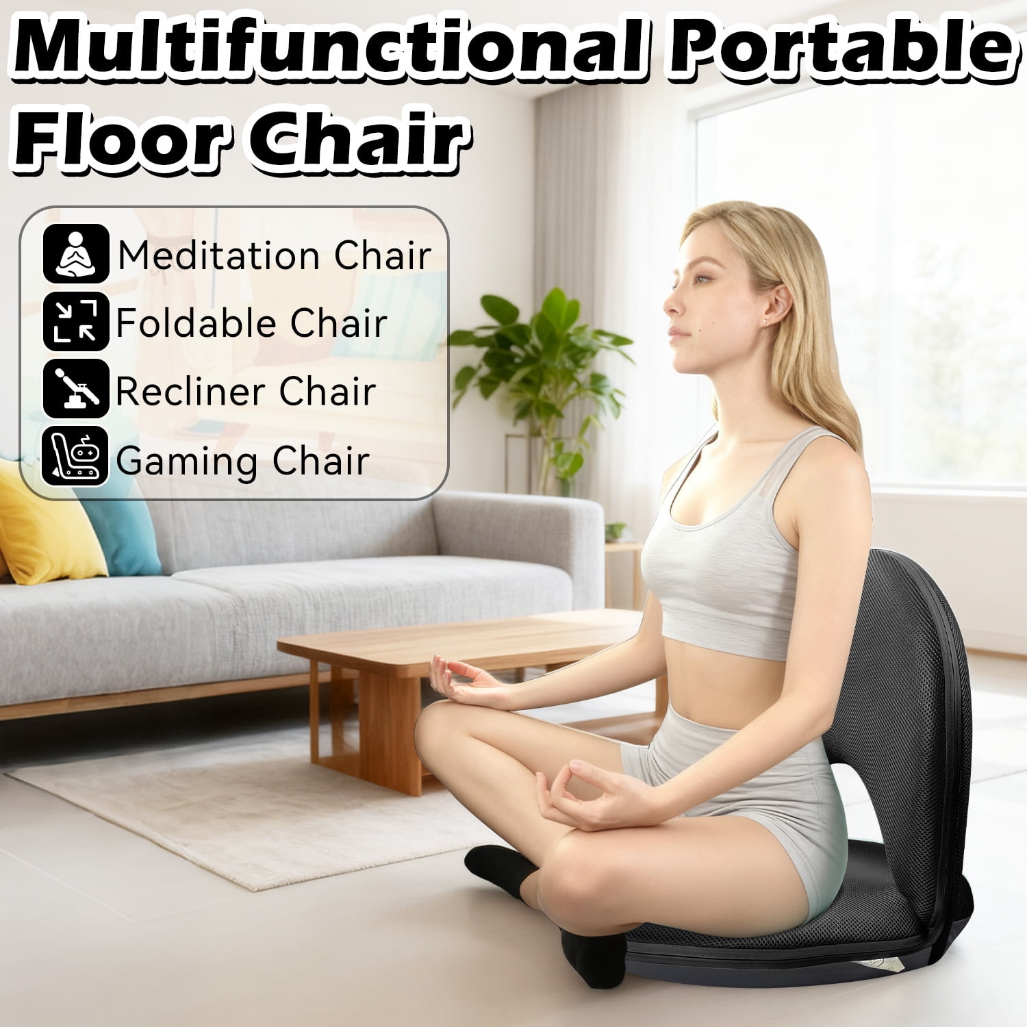 Floor Chair with Back Support, Foldable Adjustable Floor Seat, 5-Position Padded Recliner Floor Chair for Gaming, Reading and Meditation (Black)