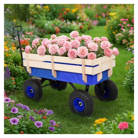 Wqmh Heavy Duty Steel Wooden Side Support Cargo Wagon with 10” All-Terrain Air Tires, Up to 220lb Haul Capacity, Effortless Foldable Handle Cart for Towing Kids Toys, Gardening Supplies,Blue