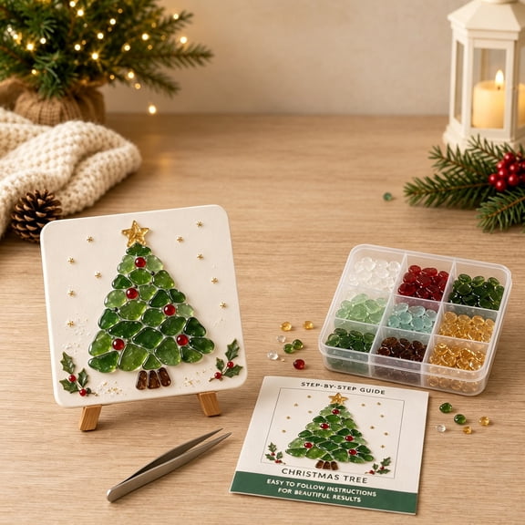Clearance Christmas Crafts for Adults IY Sea Glass Mosaic Art Kit for Beginner & Adults, Mosaic Craft Kit with Xmas Tree, Christmas Theme Artwork, DIY Home Decor, Craft Lovers Gift