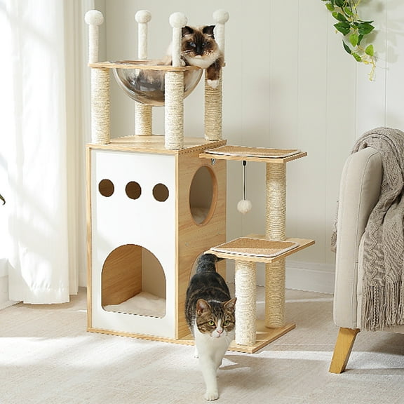 Pefilos 42" Modern Cat Tree Tower with Double Spacious Condos Perch, Sisal Scratching Post, Kittens Toys Activity Centre Cat Tree House, Beige
