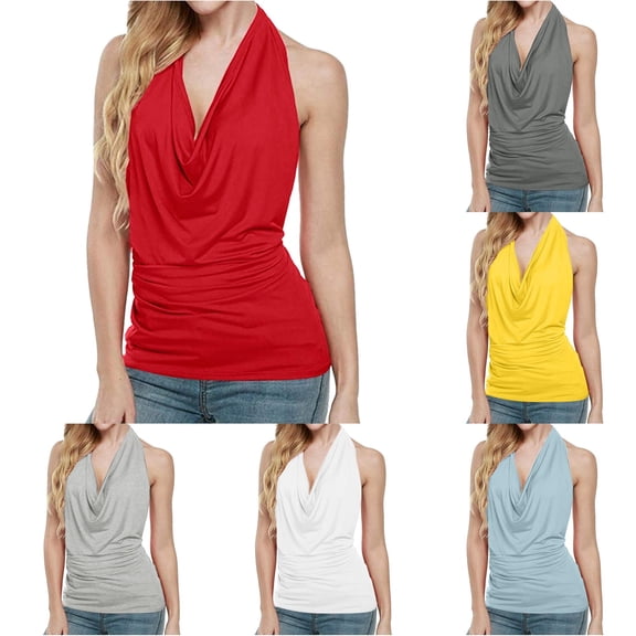 DHFJKG Halter Tank Tops For Women Backless Sleeveless Ruched Solid Color Basic Camisole Top Summer Going Out Clothes