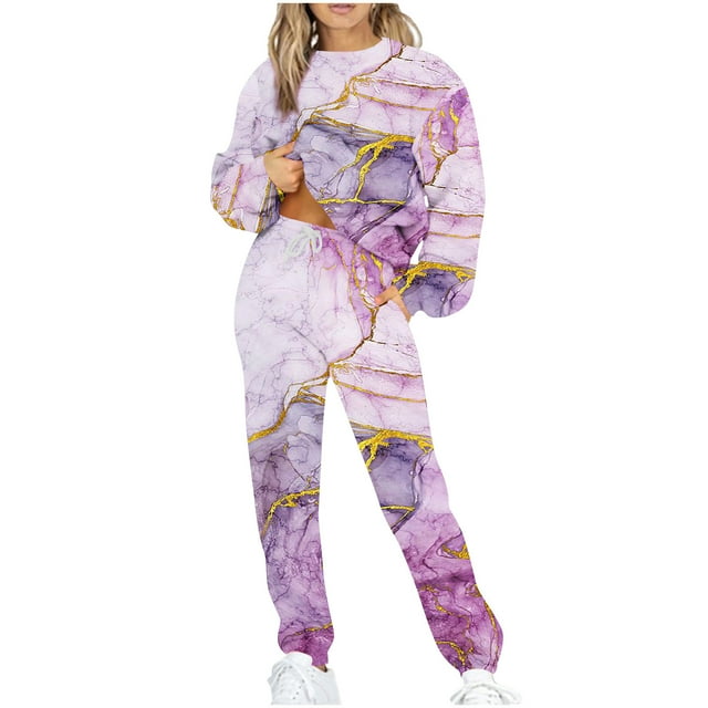 Ensemble d'Entraînement 2 Pcs pour Femmes, Chandail à Manches Longues Imprimé Décontracté et Pantalon de Survêtement avec Poches