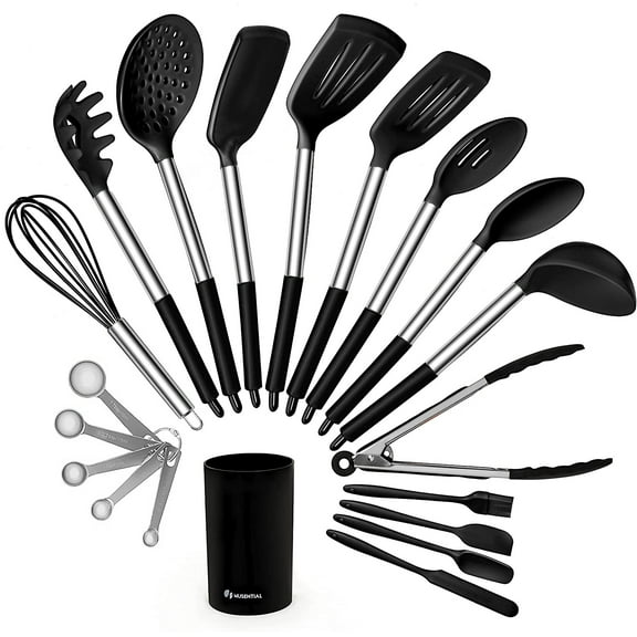 MUSENTIAL 20-Piece Kitchen Utensil Set with Holder, BPA-Free Silicone and Stainless Steel Handle, Non-Stick and Heat Resistant Cooking Spatula Utensil Set (Black/Silver)