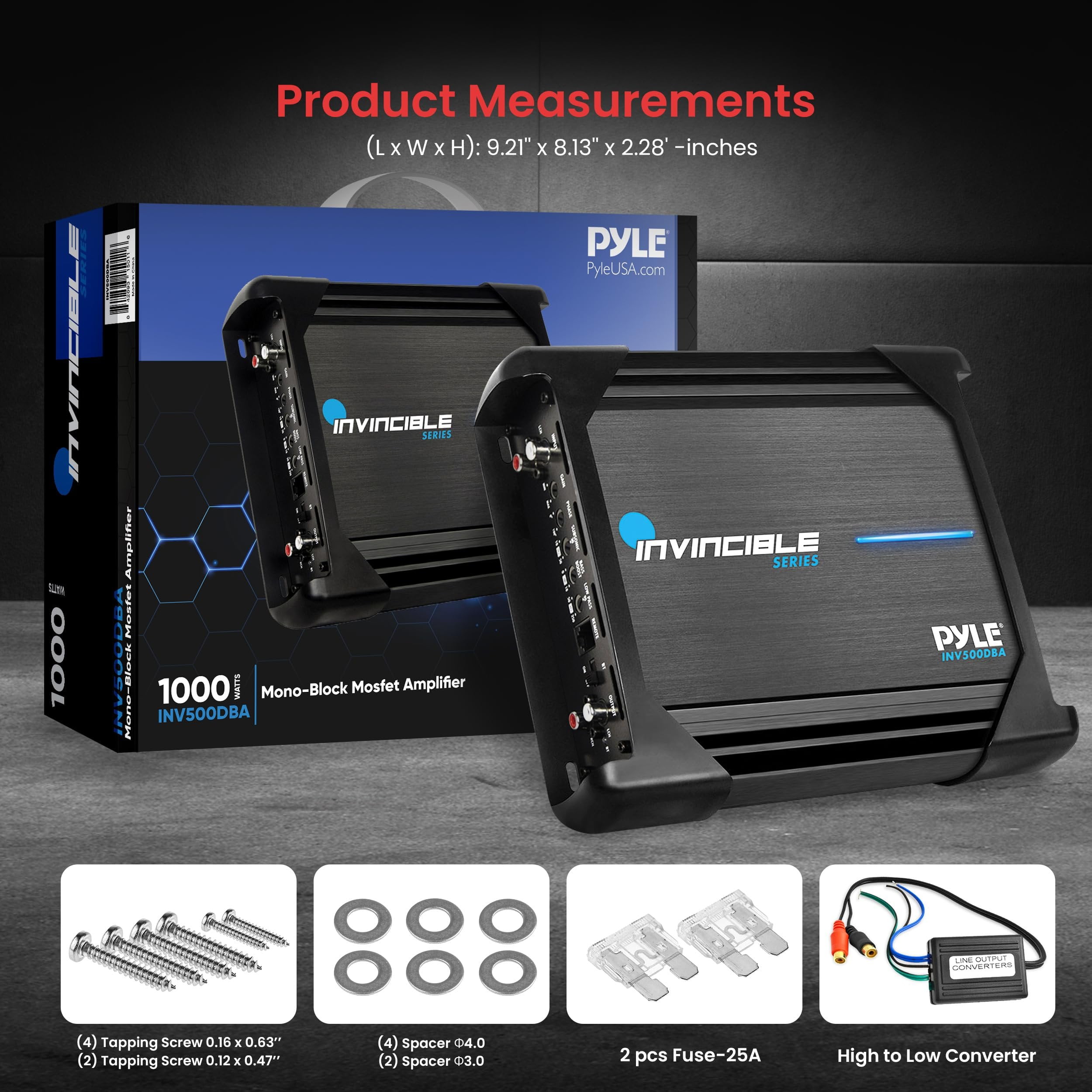 9” Pyle Class D Mosfet Amplifier - Invincible Series Monoblock Amp, 1 Channel 1000 Watts Max, Mosfet PWM Power Supply, High-Current Dual Discrete Drive Stages, Wireless BT Audio Interface