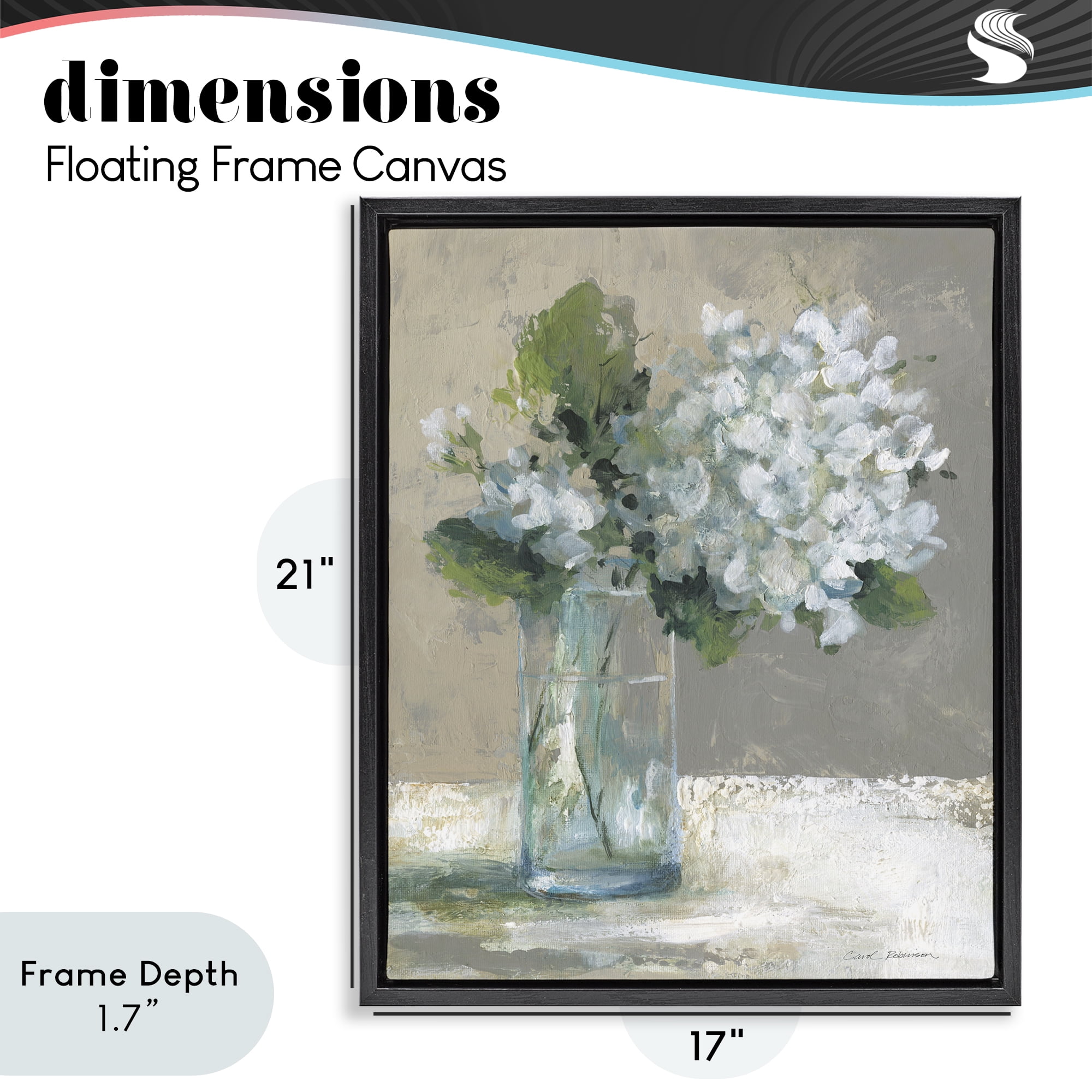 Stupell Industries Serene White Hydrangeas in Glass Black Framed Floater Canvas Wall Art, design by Carol Robinson